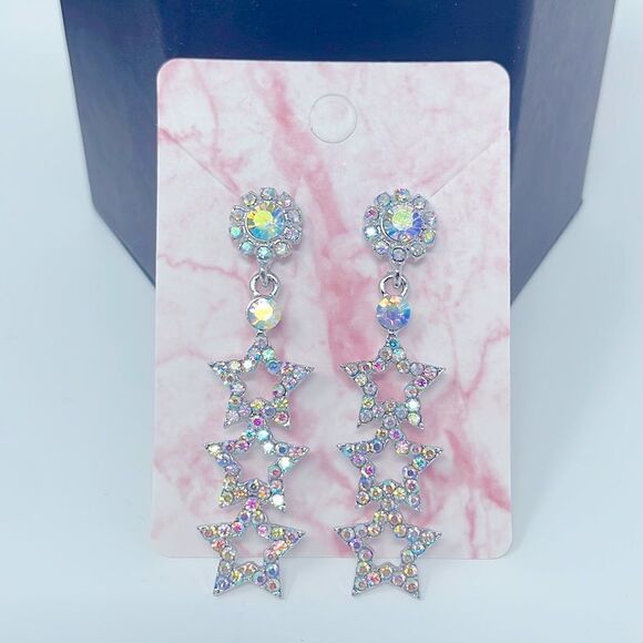 Iridescent Rhinestone Crystal Star Post Drop Earrings - Picture 3 of 7